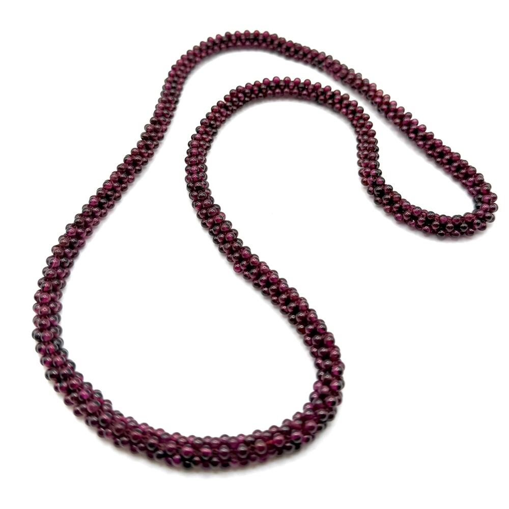 Vintage 80s Deep Wine Red Garnet Woven Bead Rope Boho Infinity Necklace